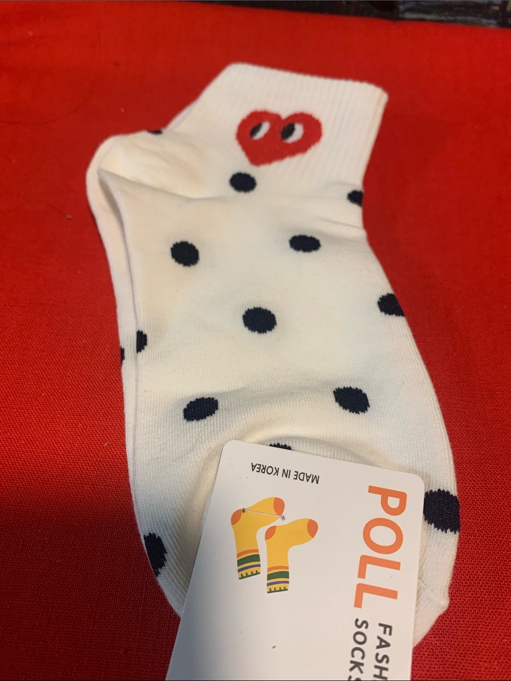 POL White Crew Socks with Navy Polka Dots and Red Heart